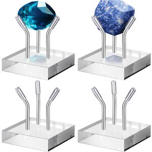 Weysat 4 Pack Clear Acrylic Display Stand, Metal 3 Peg Rock Display Easel Stands for Fossil Coral Crystal Geodes Rock Mineral Agate Small Collectibles Acrylic Holder