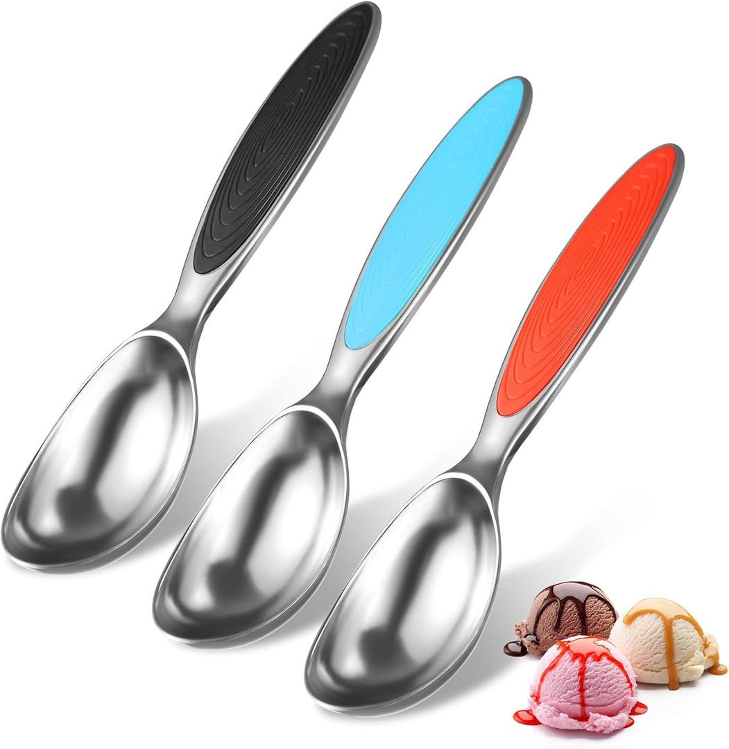 2 x Metal Ice Cream Scoops Set, 3 Pack Heavy Duty Cast Zinc Ice Cream Spoons, Ergonomic Ice Cream Scoop with Non-slip TPR Handle for Gelato, Sundae, Cookie Dough Scopper, Dishwasher Safe Kitchen Gadgets