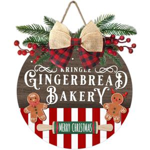 Deroro Merry Christmas Gingerbread Bakery Front Door Sign, Xmas Holiday Wood Door Hanger Outdoor Porch Decor, Winter Farmhouse Rustic Wooden Wreath with Plaid Bow Indoor Wall Hanging Decoration