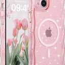 FABSPARK Case for iPhone 13/14,Compatible with MagSafe,Magnetic Clear Curly Wavy Frame Wave Case with Sparkly Bling Glitter,Transparent Acrylic Hard PC for iPhone 14/13,Glitter Clear Pink