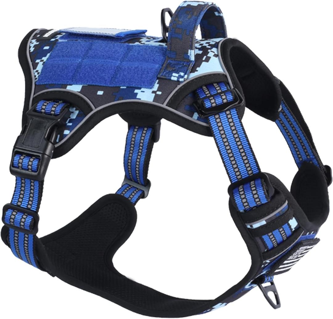 BUMBIN Tactical Dog Harness for Small Dogs No Pull, Famous TIK Tok No Pull Puppy Harness, Fit Smart Reflective Pet Walking Harness for Training, Adjustable Dog Vest Harness with Handle Blue Camo S (S(Neck:13-16", Chest:15-23"))