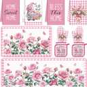 Fourluoo 10 Pcs Pink Rose Kitchen Decor Set Towels and Rugs Oven Mitts and Pot Holders Farmhouse Spring Kitchen Decor Set for Women Mom Gift Cooking Baking Grilling
