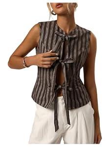MakeMeChic Women's Striped Vest Tops Sleeveless Bow Tie Front Tops Going Out Brown X-Small