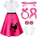 1950s Kids Poodle Skirt 50s Sock Hop Costume with Shirt Scarf Headband Earrings Glasses Socks (7-9 Years, Hot Pink)