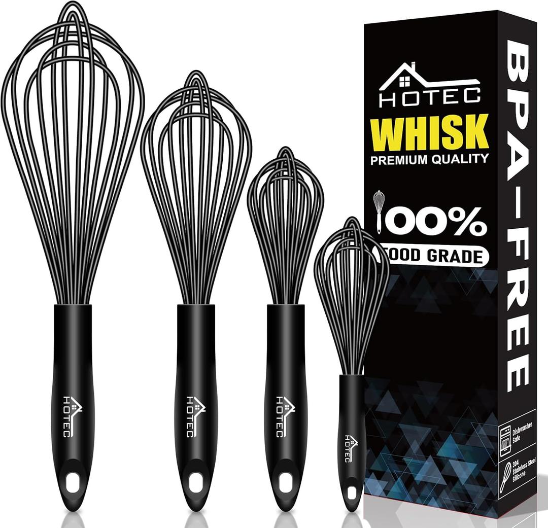 HOTEC 4 Pieces Silicone Whisks Set, Wire Balloon Whisks Egg Beater, Non-slip Handle Whisk for Non-stick Cookware Perfect for Cooking, Stirring, Beating and Blending (Black)