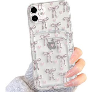 NITITOP Compatible with iPhone 11 Case Clear with Card Holder Cute Bowknot Pattern Bow Ribbon Little Love Hearts for Women Girls Soft TPU Wallet Case Protective Cover - Light Pink