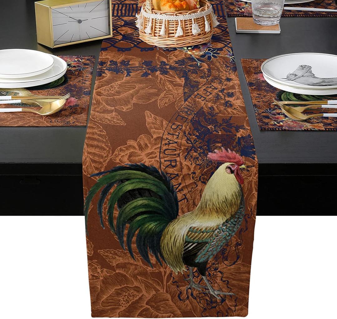 Table Runner and Placemats Set of 6-Farmhouse Animal Rooster Retro Brown Background,Heat Resistant Cotton Linen Dining Table Runner 70 Inch and Washable Table Mats 6 Pcs Kits for Home Kitchen Decor