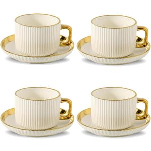 LETAOTAO Cappuccino Cups with Saucers, 8oz Ceramic Coffee Cups with Saucers Set, Latte Art Coffee Mugs with Gold Trim, Tea Cups Set of 4, British/Italian Coffee cups for Cafe Mocha, Double Espresso