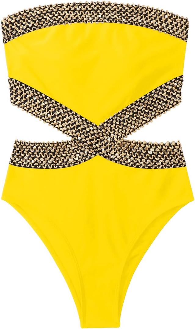 Milumia Women's Stitch Detail Strapless One Piece Swimsuit Cut Out Bandeau Bathing Suit (Yellow, S)