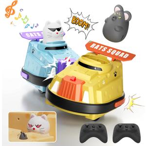 2 Pack Remote Control Car, RC Ejecting Bumper Car for Kids, Cat and Rat War Cheese Bumper Car, Car Toys for Ages 5-7, Christmas Birthday Gifts Toys for 3 4 5 6+ Year Old Boys Girls (Yellow)