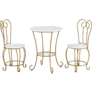 JOIN IRON 2-Piece Bistro Dining Set for Indoor Use, Marble-Look Tabletop with Gold Metal Frame, Vintage French Caf Style Round Table and Chairs for Kitchen, Breakfast Nook, Small Apartment (Gold)
