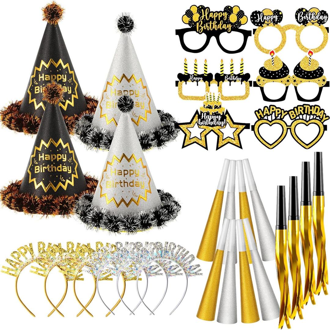 Sratte 36 Pcs Black Gold Style Birthday Party Favors Set Happy Birthday Hat Headband Glasses Noise Makers Party Horns
