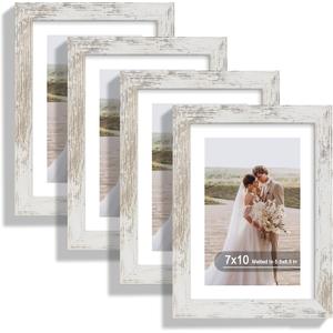 Hongkee 7x10 Picture Frame Set of 4, Made of Real Glass and Distressed White Frame - Display 5.5 x 8.5 Diploma Frame with Mat or 7x10 Without Mat, 7 by 10 Photo for Wall or Tabletop