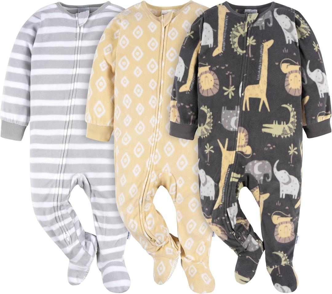 Gerber unisex-baby Fleece Footed Pajamas 3-pack (0-3 Months, Safari)