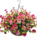 Artificial Faux Hanging Plants Flowers Basket for Spring, Red Daisy Flowers Eucalyptus UV Resistant Look Real for Outdoor Outside Porch Decoration