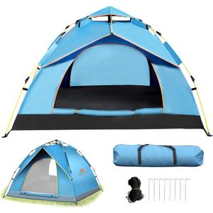 Quick Set Up Waterproof 4-Person Camping Tent with Bug Netting - Instant Pop-Up Tent for Family Camping & Hiking | All-Weather 4-Season Outdoor Shelter (2-3 people, lake blue)