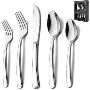 HaWare Heavy Duty Silverware Set, 40-Piece Stainless Steel Flatware Cutlery for 8, Modern & Elegant Design Includes Knives/Forks/Spoons, Mirror Polished and Dishwasher Safe (Round Edge)