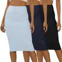 3 x Real Essentials 3 Pack: Womens Soft Midi Skirt – High Waisted Pencil Work Office Business Casual Skirts with Back Slit Plus (Blue, XXXL)
