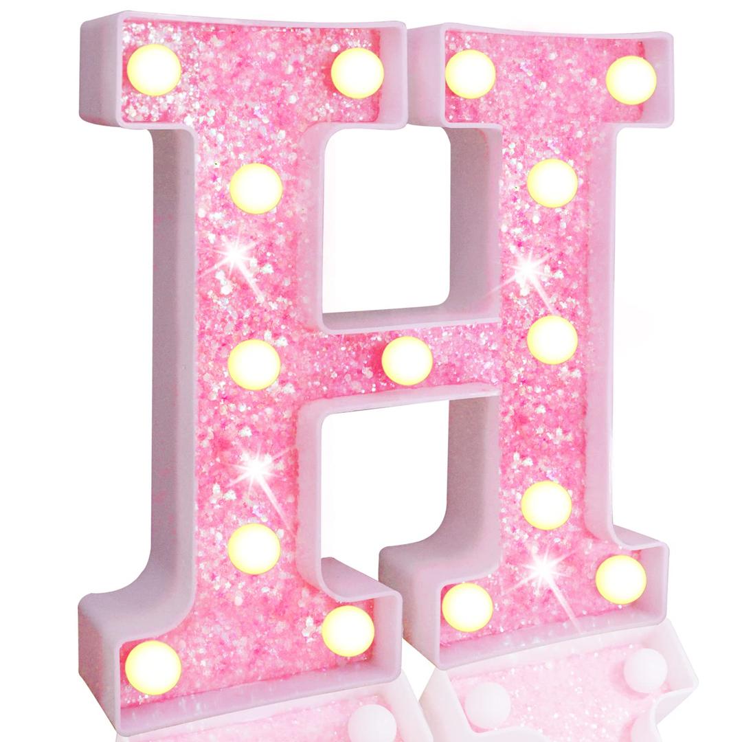 Pooqla LED Marquee Letter Lights, Light Up Pink Letters Glitter Alphabet Letter Sign Battery Powered for Night Light Birthday Party Wedding Girls Gifts Home Bar Christmas Decoration, Pink H