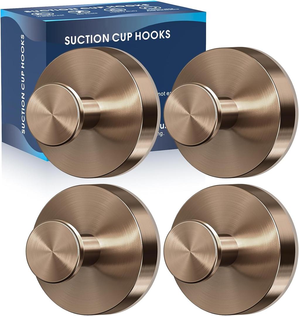 Suction Cup Hooks for Shower,4 Pcs Shower Towel Suction Hooks, No Drill Towel Hooks for Bathroom Wall, Kitchen,Glass, Mirror,Tile to Hang Towels,Robes, Loofah-Champagne Bronze