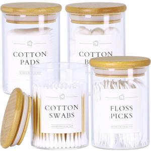 4 Pack Qtip Holder Dispenser - Glass Apothecary Jars with Lids, Cotton Ball Pad Swab Round Holder, Bamboo Bathroom Accessories, Bathroom Organizers Containers Jars Canisters with Lids