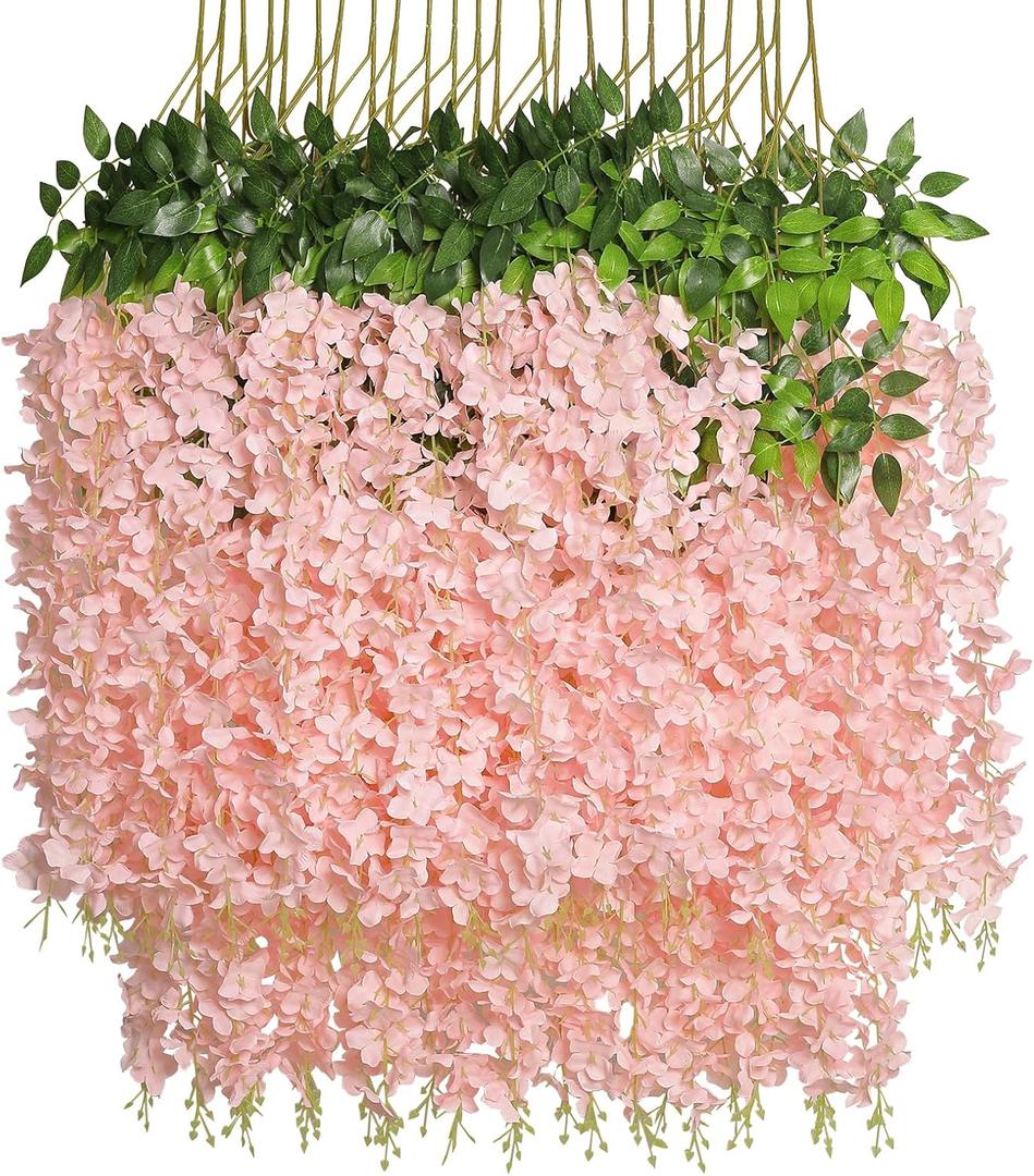Pauwer Wisteria Hanging Flowers 24 Pack Fake Flower Garland Artificial Wisteria Vines Rattan Silk Flower String Wedding Party Wall Decorations,Blush Pink
