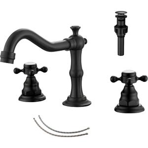 GGStudy Matte Black Bathroom Faucet 2 Handles 3 Holes Faucet 8 inch Widespread Bathroom Sink Faucet Tap Mixer Supply Hose Included Matching Metal Pop Up Drain