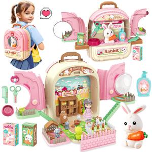 SMILESSKIDDO Pet Carrier Backpack Toy, 3 in 1 Care Playset, Pretend Play Accessories & Hair Dryer Toy, Rabbit Role Play Set for Girls Ages 3+