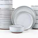 E-far Stoneware Dinnerware Sets for 8, 24 Pieces Reactive Glaze Plates and Bowls Sets, Elegant Dishes with Rustic Terracotta Clay Base, Dishwasher & Microwave Safe, Scratch Resistant, Glacier White