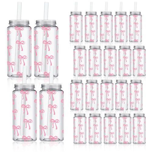 Whaline 10Pcs Pink Bow Plastic Cups with Lids and Straws Clear Reusable Party Drinking Cups for Wedding Baby Shower Birthday Party Supplies
