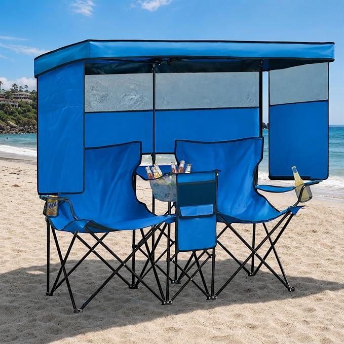 Double Beach Chair with Canopy Shade Oversized Camping Chairs witi Cooler Bag Folding Loveseat for Outside Lawn Camping