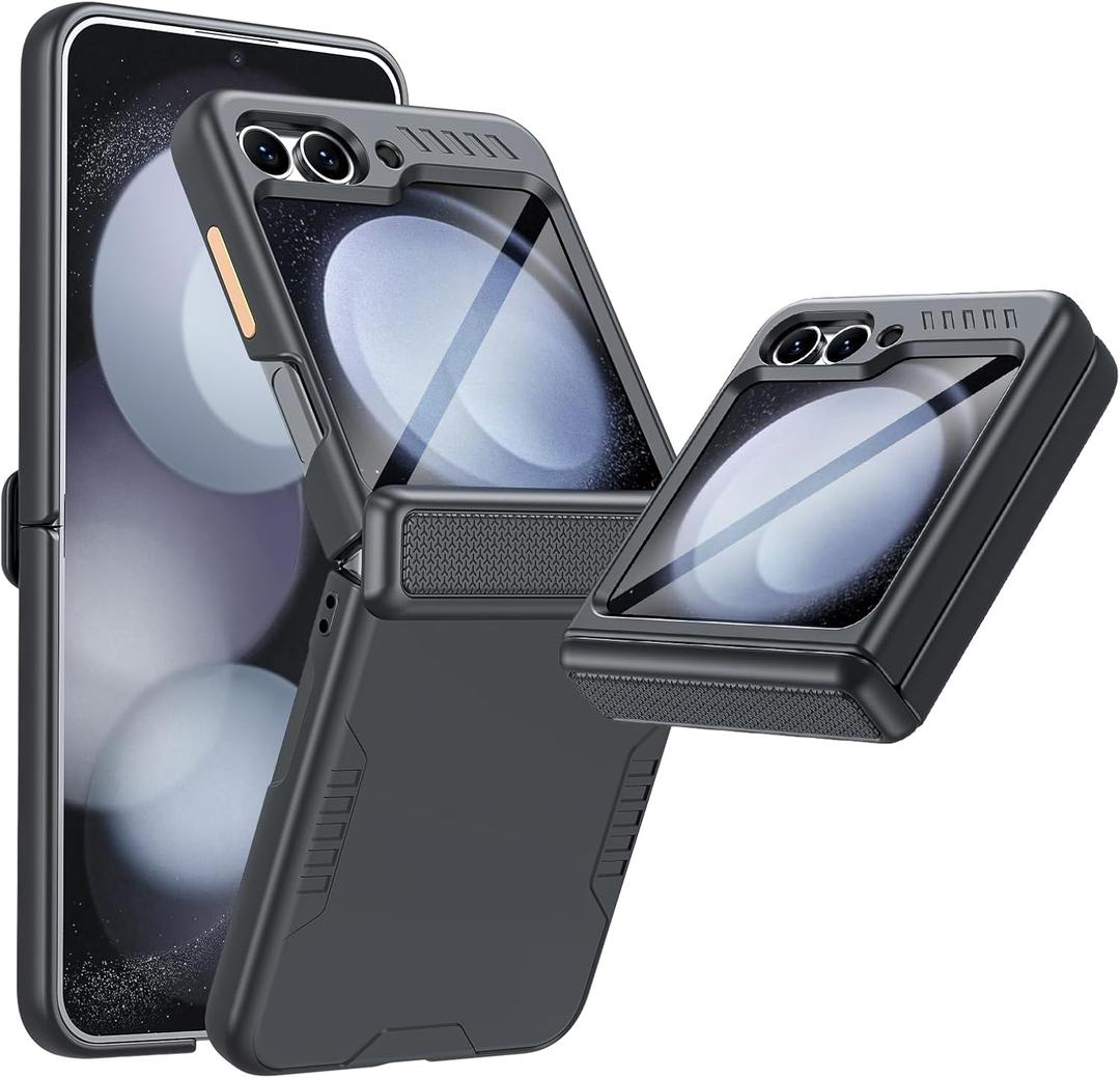 Vizvera for Samsung Galaxy Z Flip 5 Case with Hinge Protection, Built-in Outer Screen Protection HD Clearly Shockproof Case for Galaxy z Flip 5(Dark Black)
