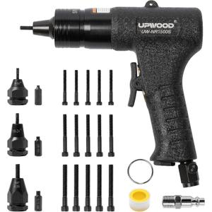 Pneumatic Rivet Nut Gun with #8-32, 10-24 & 1/4-20 Quick-Change Nose-Piece Assembly, Air Rivet Nut Pull Setter Tool, 5pcs Mandrels Included with Each Size NR1500S