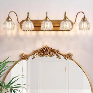 Gold Vanity Light, Vintage Bathroom Light Fixtures, 5-Light Matte Antique Brass Finish with Crystal Glass Shade, Mid Century Style Wall Sconces for Bedroom, Living Room