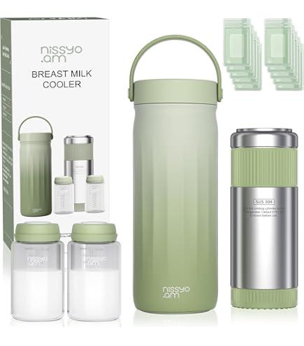 22oz Stainless Steel Breastmilk Cooler - 24Hrs Portable Breast Milk Chiller for Travel, Includes 2 BPA-Free Baby Bottles &10 Storage Bags, Leakproof Thermal Container for Working Moms, Green