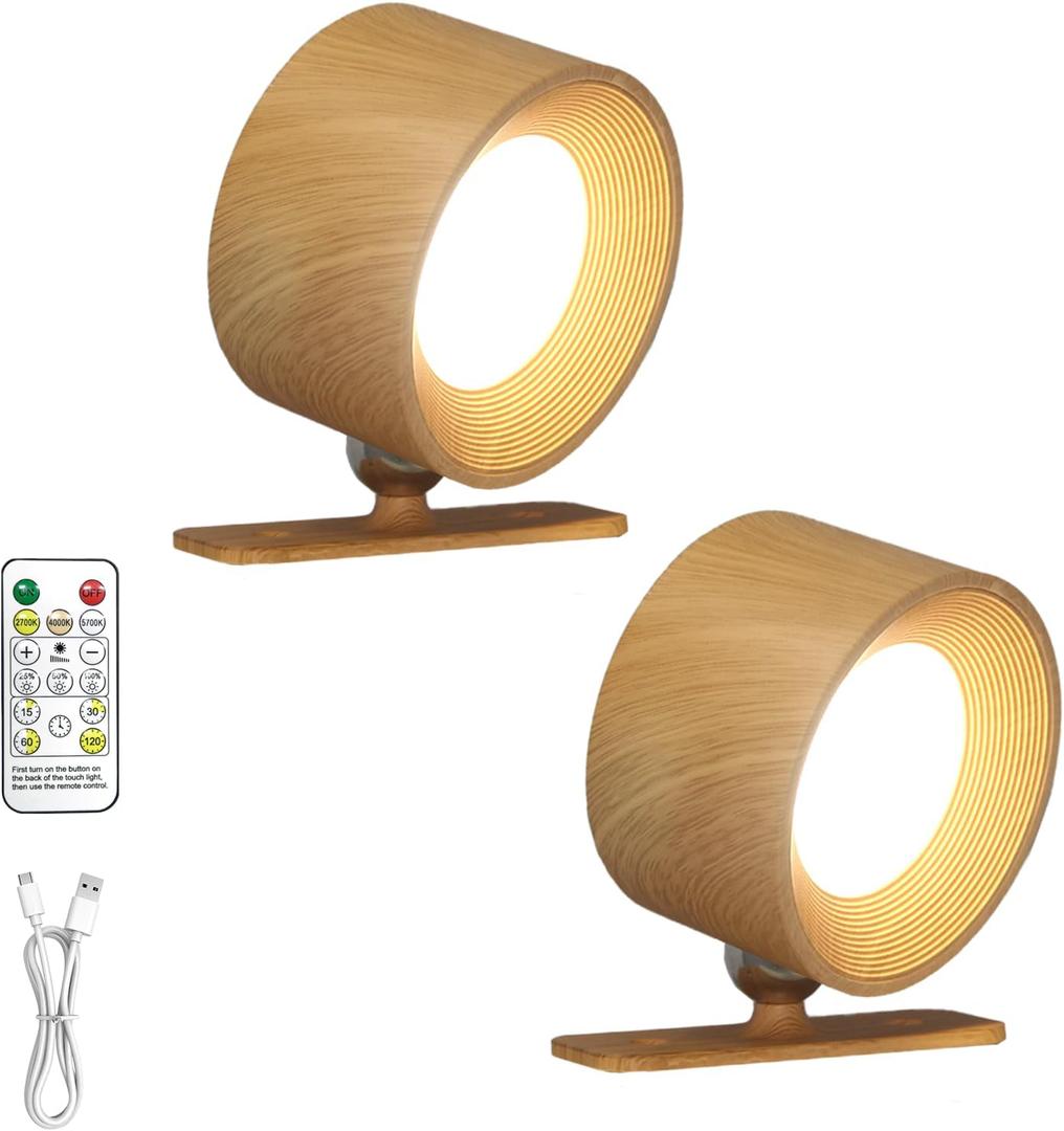 Rechargeable Wall Sconce with Remote & Touch, 360 Rotatable Battery Operated Wall Lights, 3-Color Dimmable, No Drill Adhesive, Ultra Long Battery for Bedroom ReadingWooden-2PC