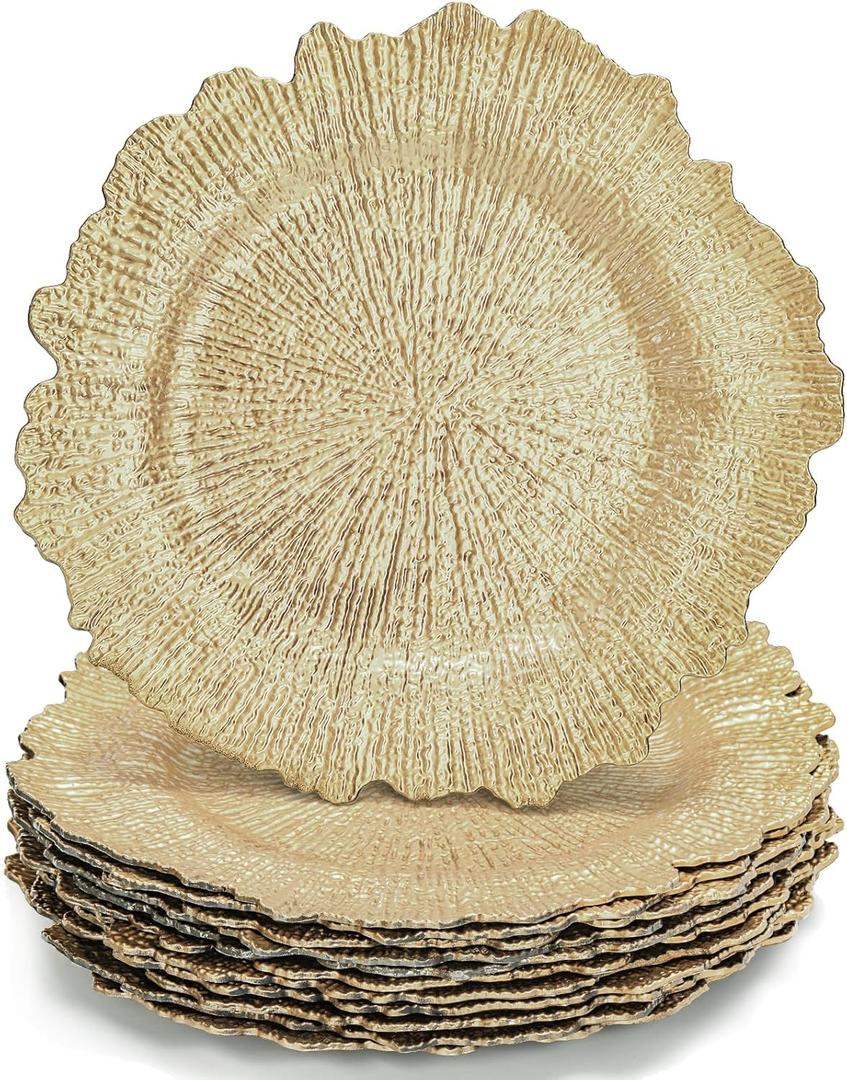 WUWEOT 12 Pack Gold Charger Plates, 12.7" Round Plastic Reef Plate Chargers with Flora Reef Design for Wedding Dinner Party Decoration