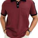 Men's Casual Polo Shirts Short Sleeve Classic Button Shirt Fashion Cotton Golf Tops with Pocket (Large, Burgundy&black)