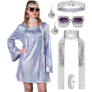 70s Disco Outfit Women, 70s Theme Disco Dress Costume Shiny Go Go Dress for Halloween Birthday Dance Party (M)