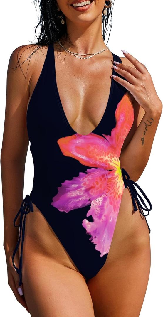 ZAFUL Women Plunging One Piece Swimsuit Backless Cross Tie High Cut Thong One-Piece Bathing Suit (Medium, 0-black Floral2)
