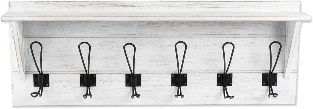 Ilyapa White Coat Rack Wall Mount with Shelf - Wood Wall Mount Coat Rack with Shelf, 6 Metal Hooks - for Hats, Kitchen, Bedroom, and More - Weathered White