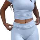 AYWA Women's Two Piece Sets Summer Slim Fitted Short Sleeve Tops Foldover Shorts Matching Lounge Sets (Haza Blue, Small)