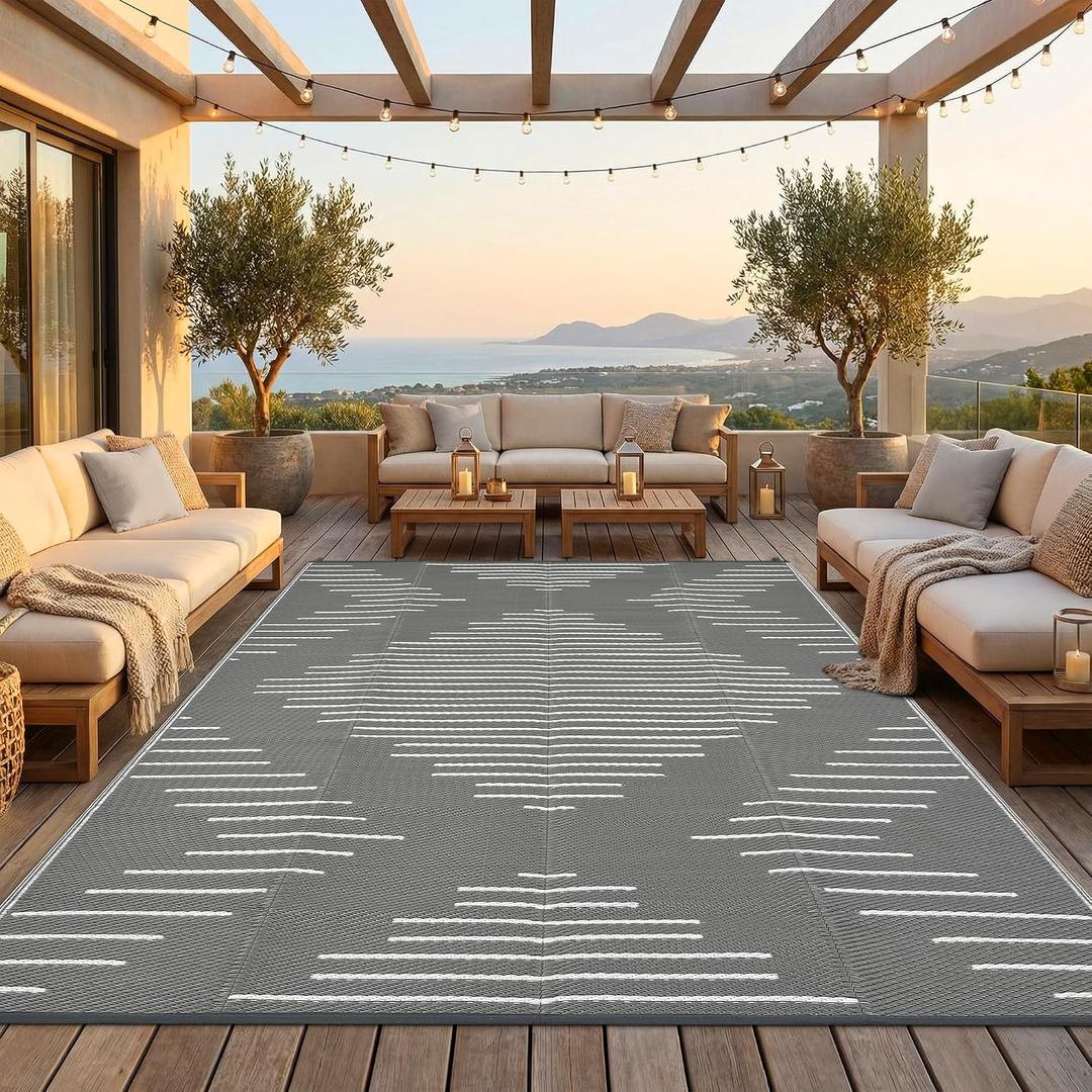 Garvee Waterproof Outdoor Area Rug 9x12 Plastic Reversible Rug for Patio Decor Easy-Cleaning Large Floor Mat for Camping RV Porch Deck Backyard Balcony Picnic Grey White