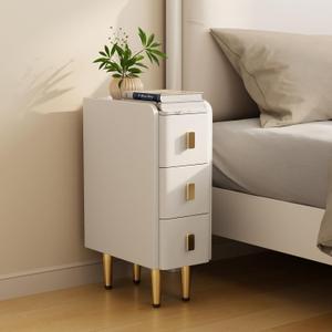 Narrow Nightstand with Drawers, Narrow Side Table Leather, Small Bedside Tables for Bedroom. (White) (7.8'')