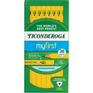Ticonderoga My First Tri-Write Wood-Cased Pencils, Unsharpened, 2 HB Soft, Without Erasers, Yellow, 36 Count