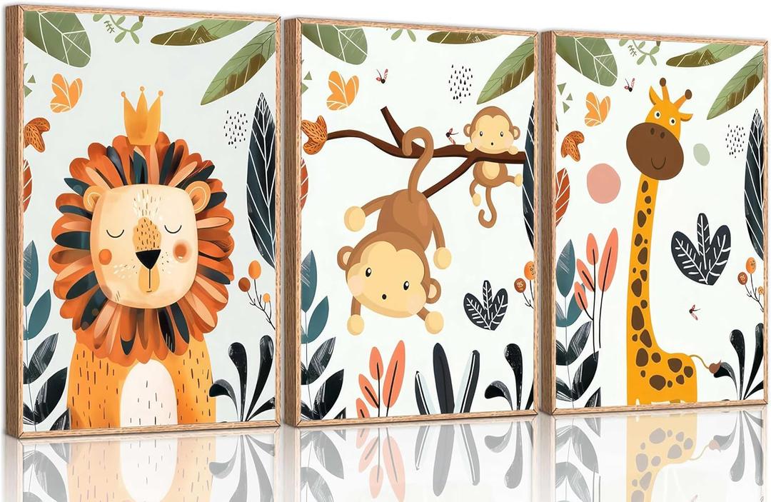 3 Pcs Safari Nursery Canvas Wall Art Tropical Jungle Animals Lion Monkey Giraffe Paintings Pictures Wall Decor Posters Print Artwork for Kid Room Boy's Girl's Room Baby Room Unframed (Orange Color-Poster)