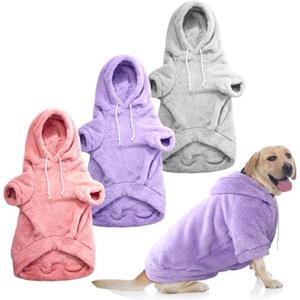 Reginary 3 Pcs Winter Fuzzy Dog Sweaters Girl Boy Dog Hoodies Puppy Hooded Sweatshirts, Warm Soft Fall Cold Comfort Pet Clothes Pet Coats for Small to Large(Grey, Pink and Purple,XL)
