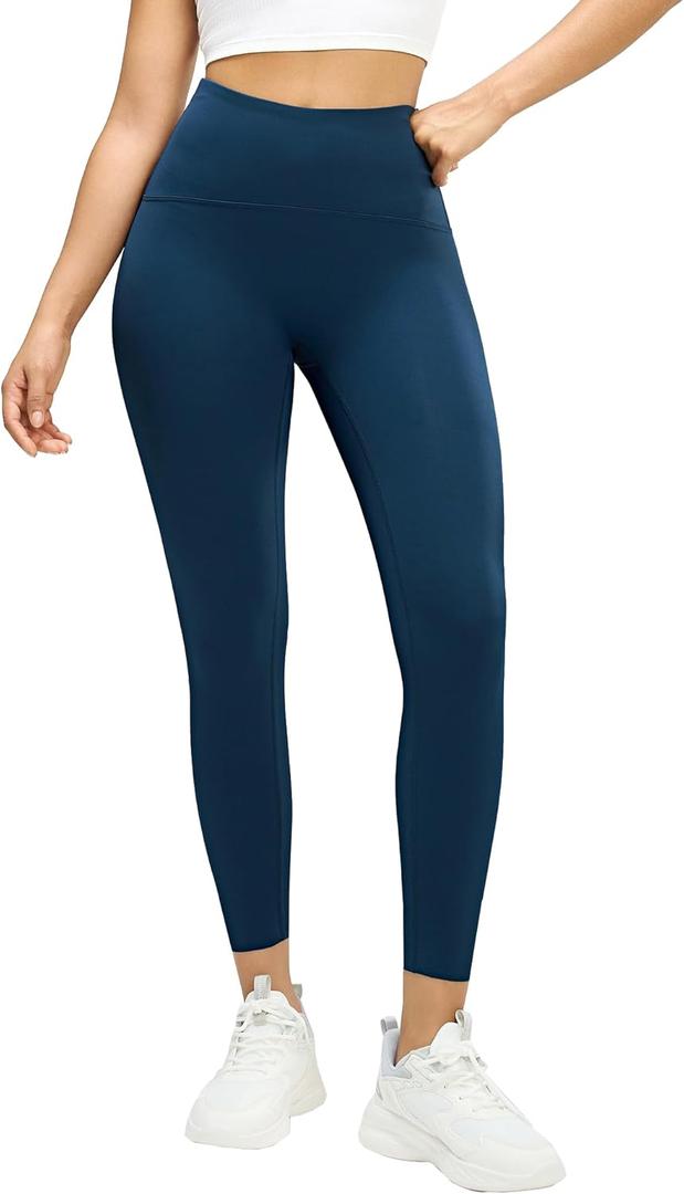 MCEDAR Compression Leggings No Front Seam for Women 25" with Pocket High Waisted Tummy Control Yoga Pants (Blue, L)