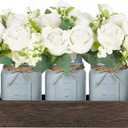 Mkono Mason Jar Table Centerpiece Decorative Wood Tray with 3 Painted Jars Artificial Flowers Rustic Country Farmhouse Decoration for Coffee Table Dining Room Living Room Kitchen (Peony)