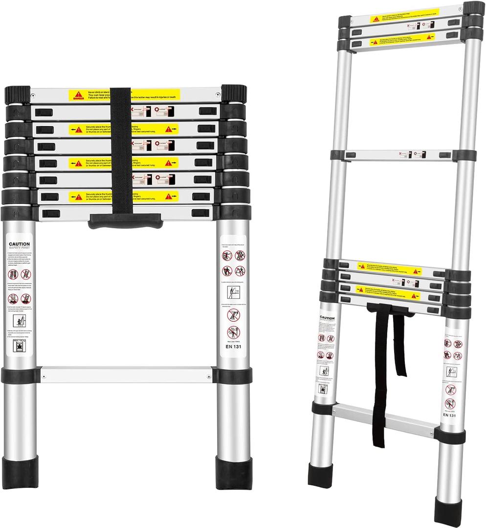 Telescoping Ladders, (8.5Ft/2.6M) EN131 Standards Aluminum Extension Ladder, Extension for RV, Attics, Families, Outdoor Work, with a Maximum Bearing Capacity of 330lbs